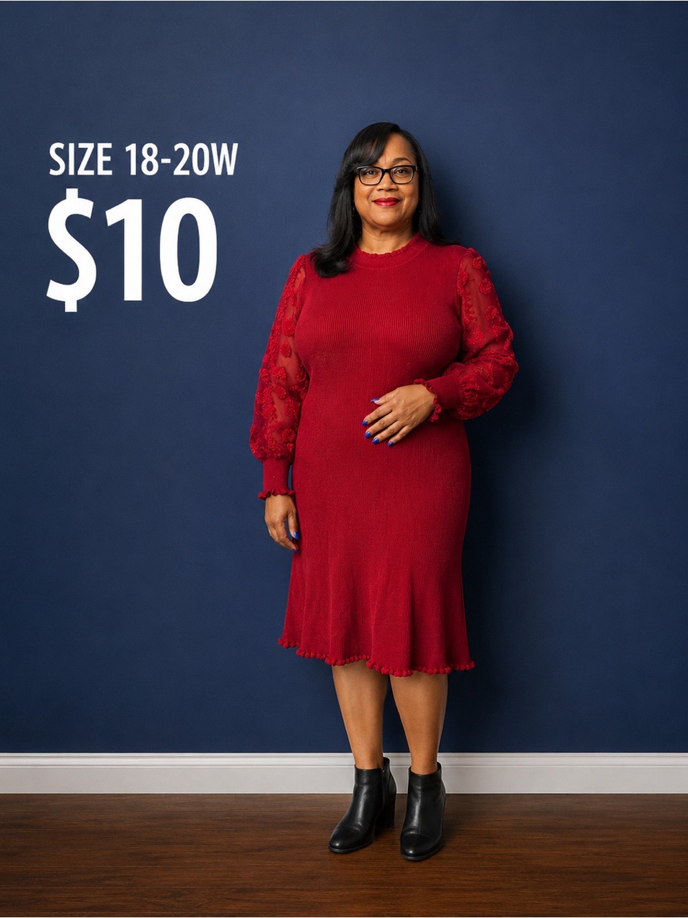 Red Long-Sleeve Lace-Sleeve Knit Dress - Women's Plus